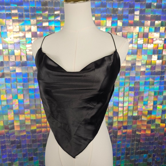 Unbranded Tops - Handkerchief Y2K Cowl Neck Top Women OS Black Satin Tie Back Jersey Shore Summah
